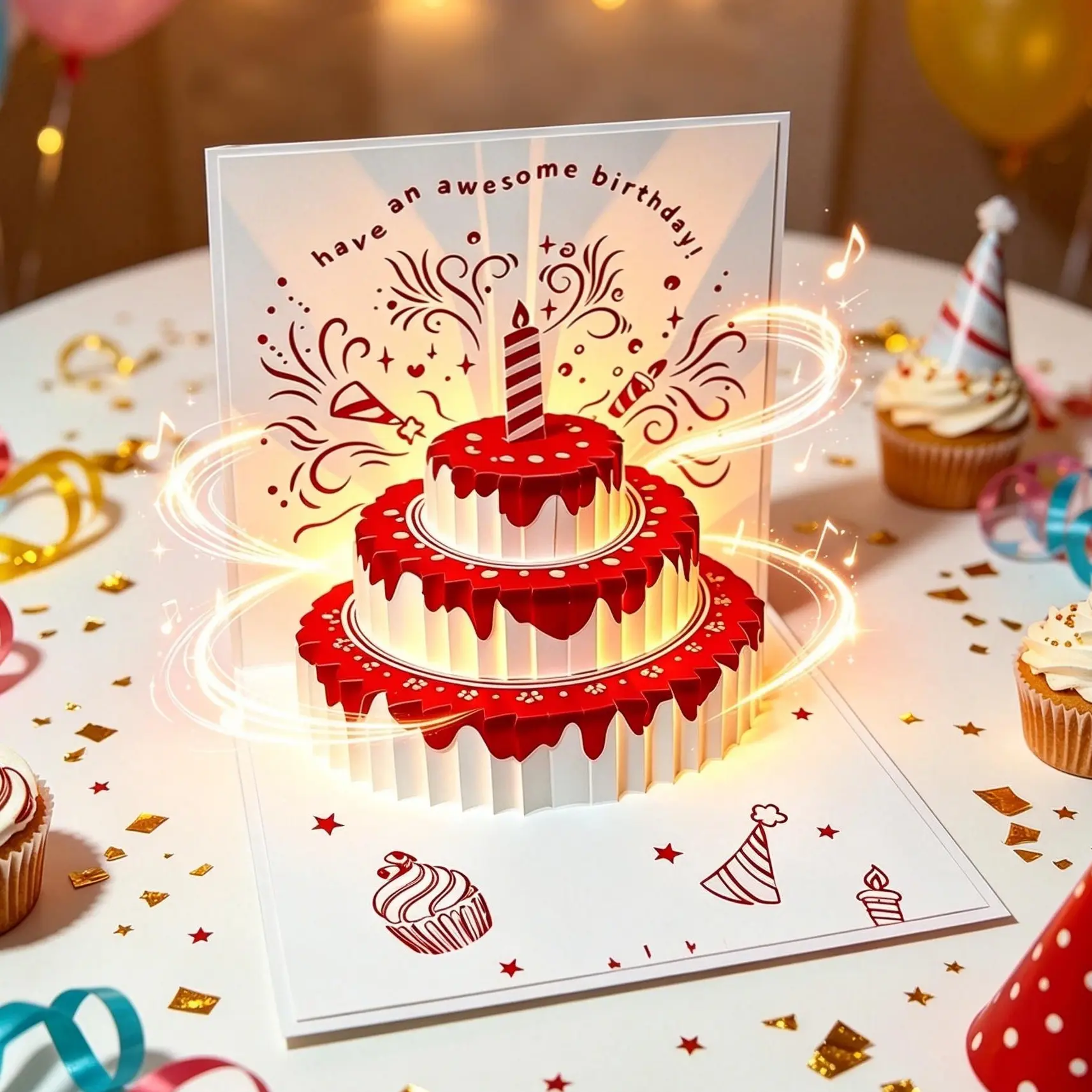 3-Tier 3D Pop-Up Glowing LED Light Red White Birthday Cake Card, Handmade Paper Craft Office Stationery, Decorative Surprise Gift for Friends/Family, Festive Party Decor
