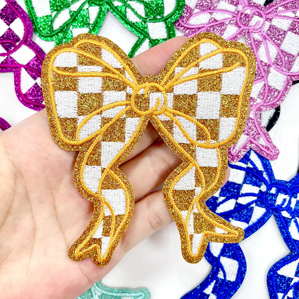 CY 8pcs Glitter Checkerboard Bow Iron On Patches Embroidered Applique for Trucker Hats Clothes Sweatshirt Jackets Bags DIY Decoration,Yellow