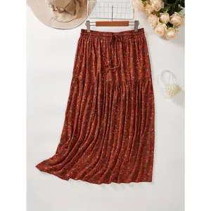 Large women's elegant floral print A-line skirt - black and white summer long skirt with adjustable drawstring waist, cute dress, comfortable to wear every day, flowing fabric