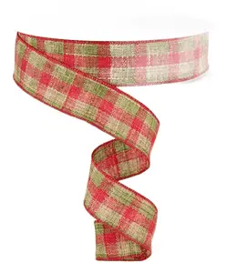 1.5" x 50yd Woven Check Ribbon – Red/Green/Cream
