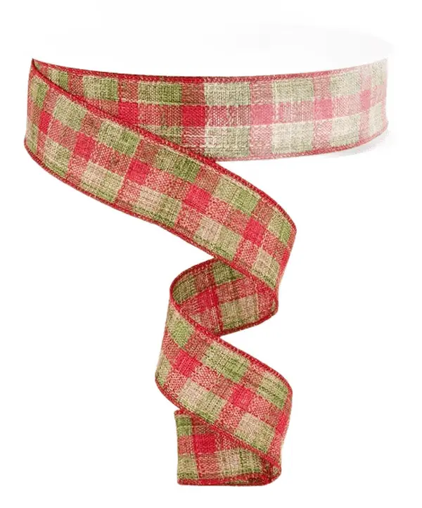 1.5" x 50yd Woven Check Ribbon – Red/Green/Cream
