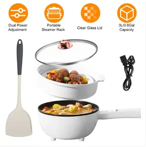 3L/0.8gal Electric Hot Pot Non-Stick Frying Pan - Portable Rapid Noodles Cooker with Long Handle, Steamer, Spatula, Dual Power Control, Overheat & Dry-Boil Protection, Glass Lid, Space-Saving for College Dorms, Apartments