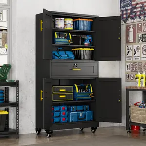 Metal Garage Storage Cabinets with Locking Doors Adjustable Shelves Tool Cabinets on Wheels 71 H Heavy Duty Organizers with Drawer for Garage Warehouse