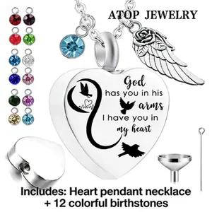 Heart Urn Necklace For Ashes Cremation Memorial Keepsake Jewelry 12 Birthstones