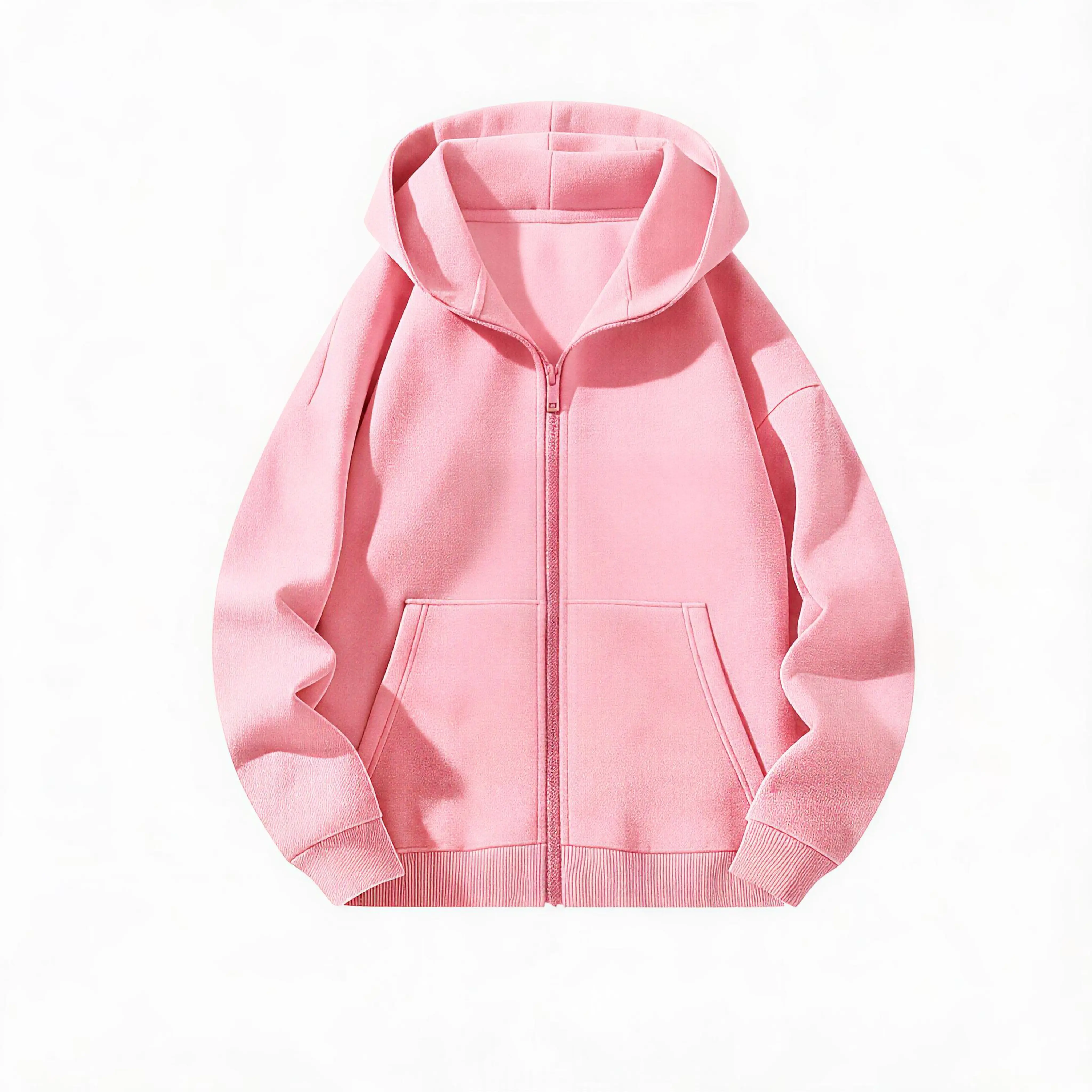 Korean-style relaxed solid-color zip-up hooded jacket with a loose fit and kangaroo pockets; sweatshirt for home, campus, and light outdoor casual wear.