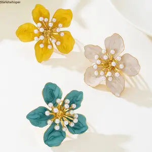 Spring Summer Floral Ring for Women, Colorful Enamel Design with Faux Pearl Inlay, Minimalist Statement Style, Dainty & Stackable Accessory Perfect for Daily Wear, Dates & Vacation Outfits