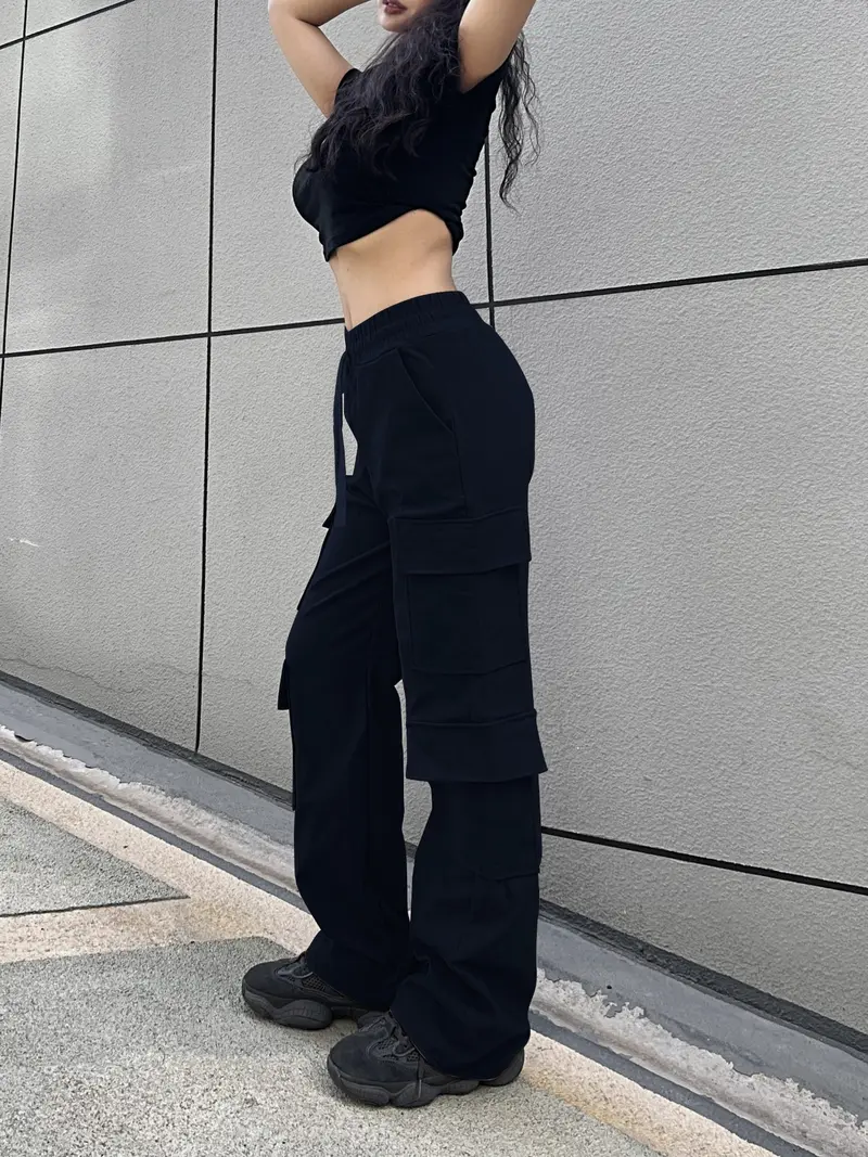 Women's Multi-Pocket Casual Work Pants, Adjustable Waist with Drawstring, Medium Stretch Fabric, Outdoor High Street Trendy Long Pants