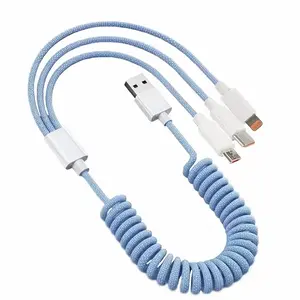3-In-1 Braided Spring Charging Cable, Fast USB Data Cable for iPhone 16/15 & Type-C Devices, Perfect Gift, Durable High-Quality Material