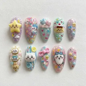 Kawaii C-Chikawa-a Dessert Press On Nails | 3D Star Character Nail Art Set for Beaches, Summer, Holiday, Vacation, Birthday