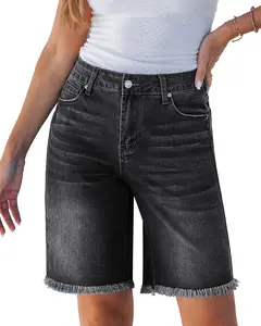 luvamia Jean Bermuda Shorts for Women Trendy Mid Rise Raw Hem Knee Length Stretchy Denim Long Shorts Summer Casual Jorts