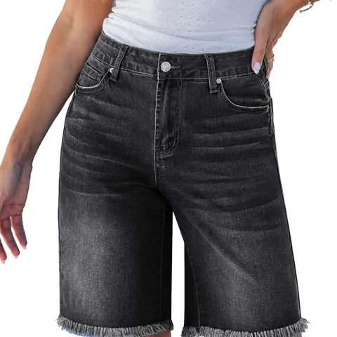 luvamia Jean Bermuda Shorts for Women Trendy Mid Rise Raw Hem Knee Length Stretchy Denim Long Shorts Summer Casual Jorts,back to school shopping Vintage Pockets