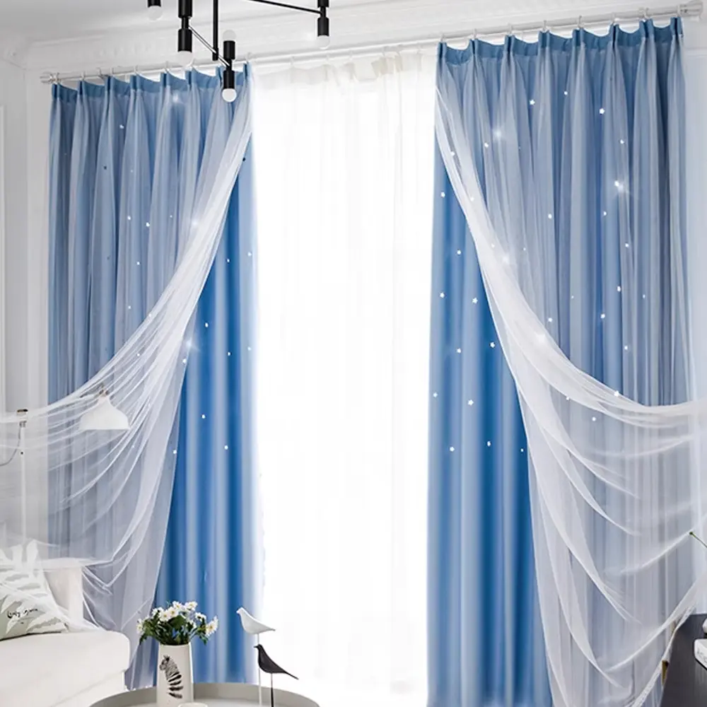 Star Lace Princess Style Hollow Out Sheer Blackout Curtain, Net Curtain Window, Home Decoration Curtain, Suitable for Bedroom & Kids Room, Dustproof Light Blocking Drapes, Blackout Window Cover