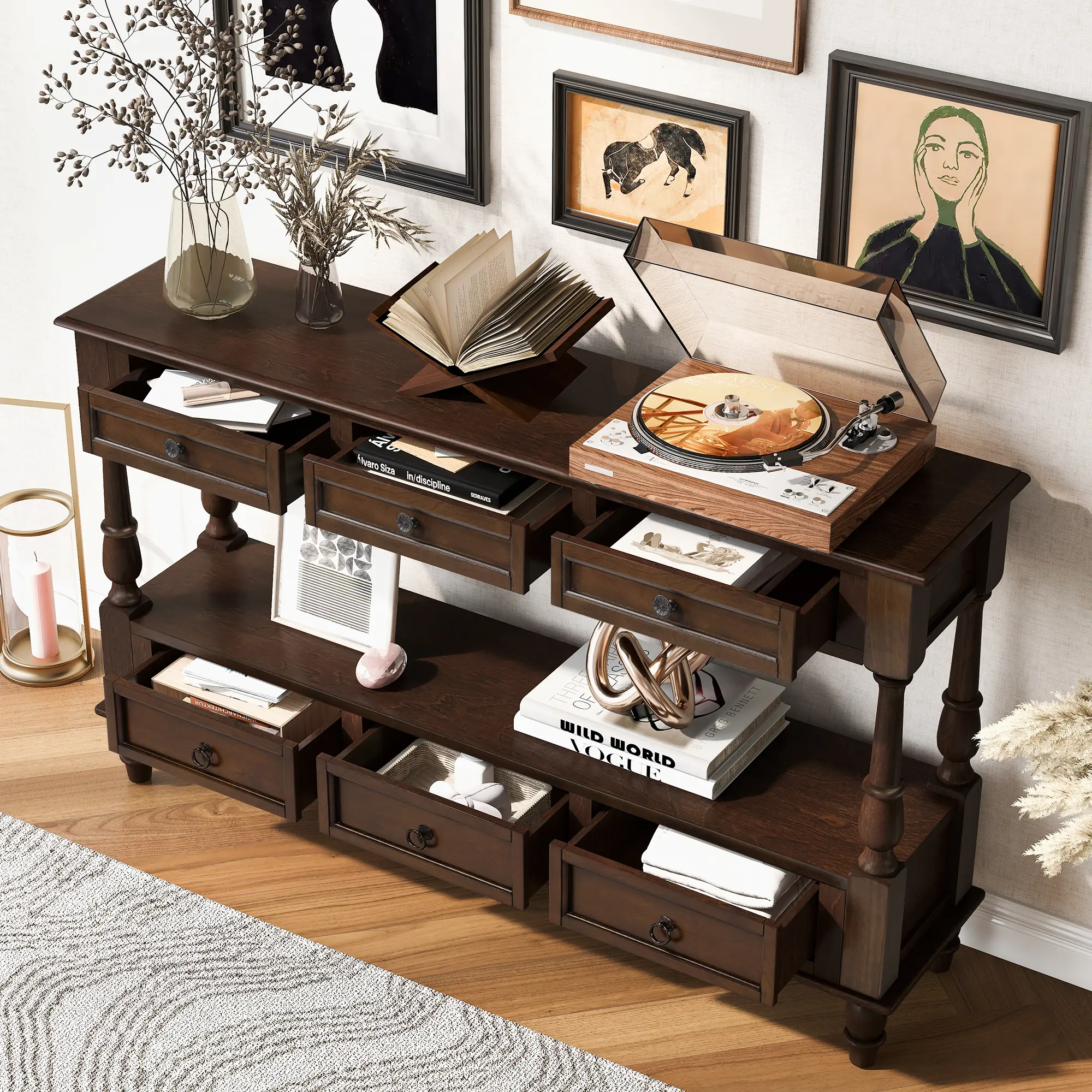 54-Inch Espresso Console Table with 6 Drawers and Open Shelf, Solid Pine Wood Frame, Two-Tier Storage for Living Room, Hallway, Entrance