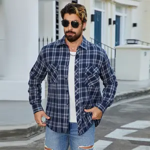 Men's Premium Navy and White Plaid Collared Long-Sleeve Checked Flannel Button-Down Shirt, Casual Breathable Lightweight Layer with Chest Pocket for Menswear, Everyday Outings, Urban Fashion