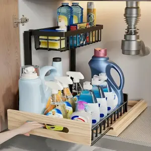 Double Layer Sink Organizer Rack with Metal Sliding Shelves, Adjustable Standing Shelf, Perfect for Kitchen Bathroom Food Storage Cabinet Space (1 Piece or 2 Pieces)