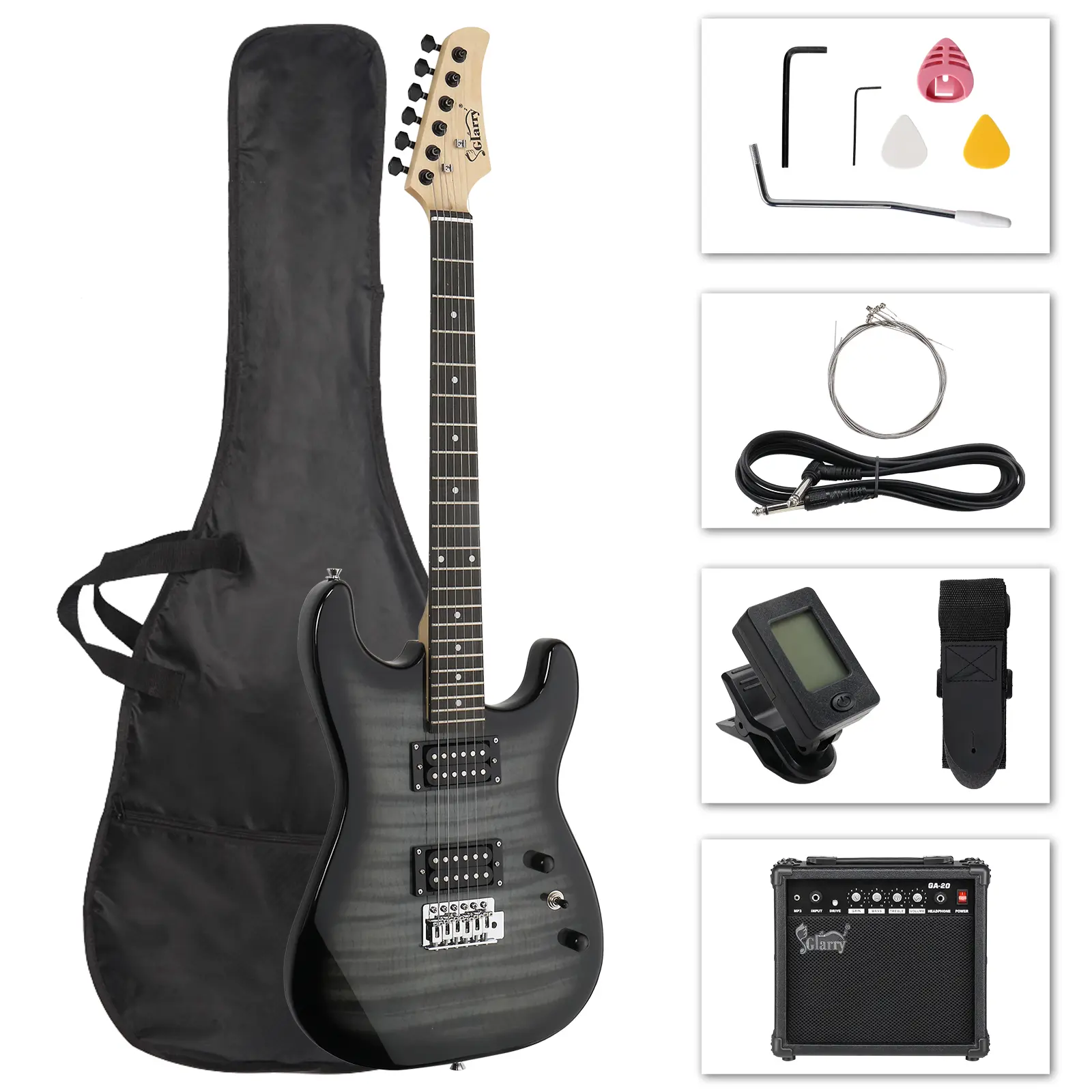 GST Tiger Stripe H-H Pickup Electric Guitar Kit for Beginners - 20W Amplifier, Carry Bag, Adjustable Guitar Strap, Acoustic Belt Buckle Wrench Tool, Affordable Black Music Gift Set