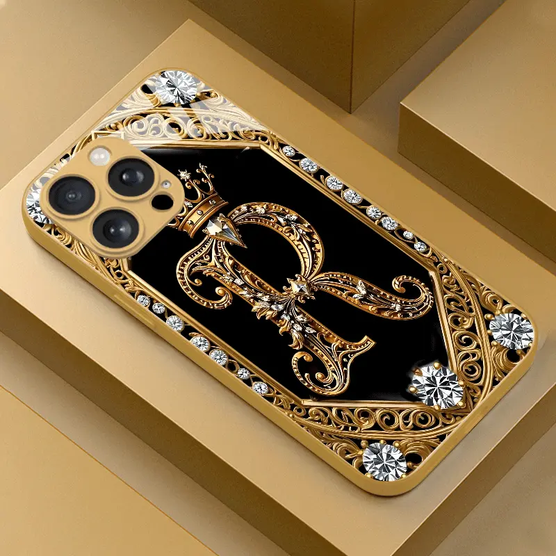 Vintage Royal Diamond-Encrusted Crown Handheld Cellphone Case - Electroplated Tempered Glass Cover, Shockproof, Shatterproof, Anti-Fingerprint, Skin-Friendly Protection, Screen Protector Accessories for iPhone 12-17, Samsung & Other Devices, Ideal Gift, C