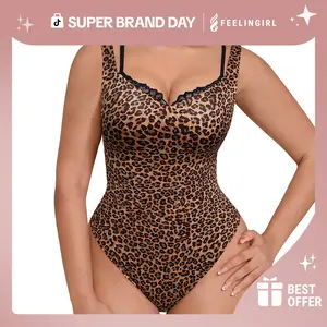 FeelinGirl V Neck Lace Shapewear Bodysuits For Women Sleeveless Spaghetti Strap Thong Tummy Control Going Out Top For Women womenswear lady Super Brand Day #Summervibes