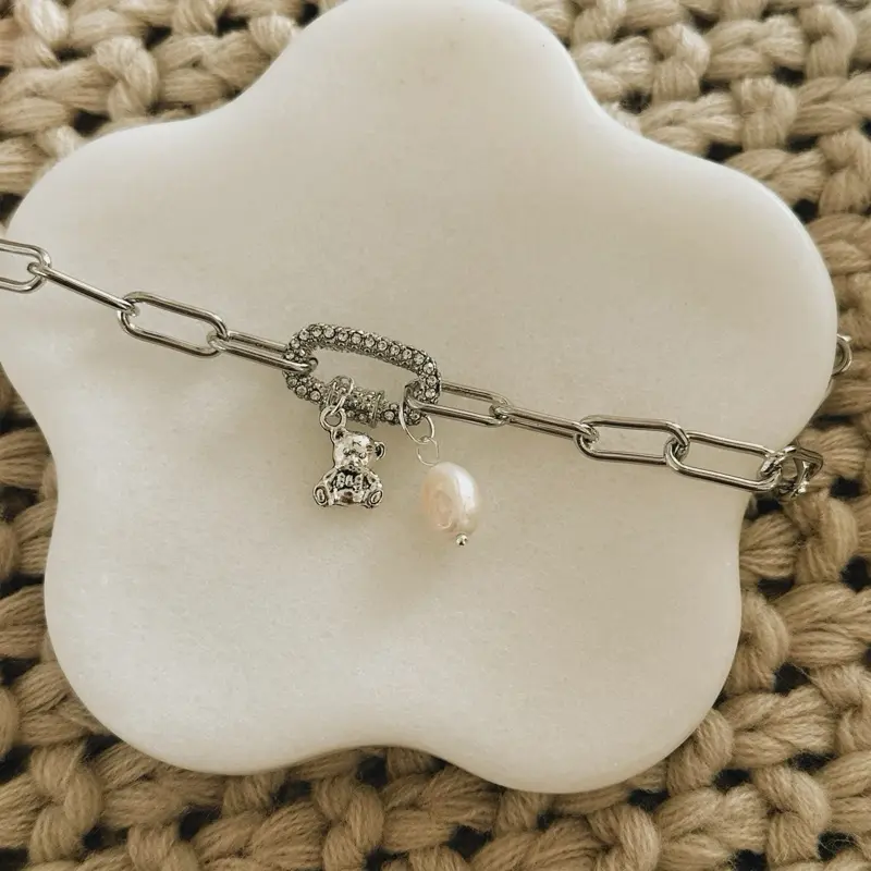 Stainless Steel Silver Charm Necklace -Teddy Pearl