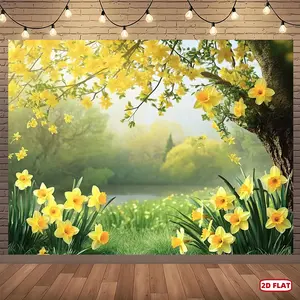 1pc Soft Durable Polyester 2D Flat Spring Backdrop Banner - Nature-Inspired Daffodil & Green Foliage Design, No Electricity Required, Ideal for Weddings (Textiles & Soft Furnishings, Bedding and Linens, Blankets & Throws), Wedding