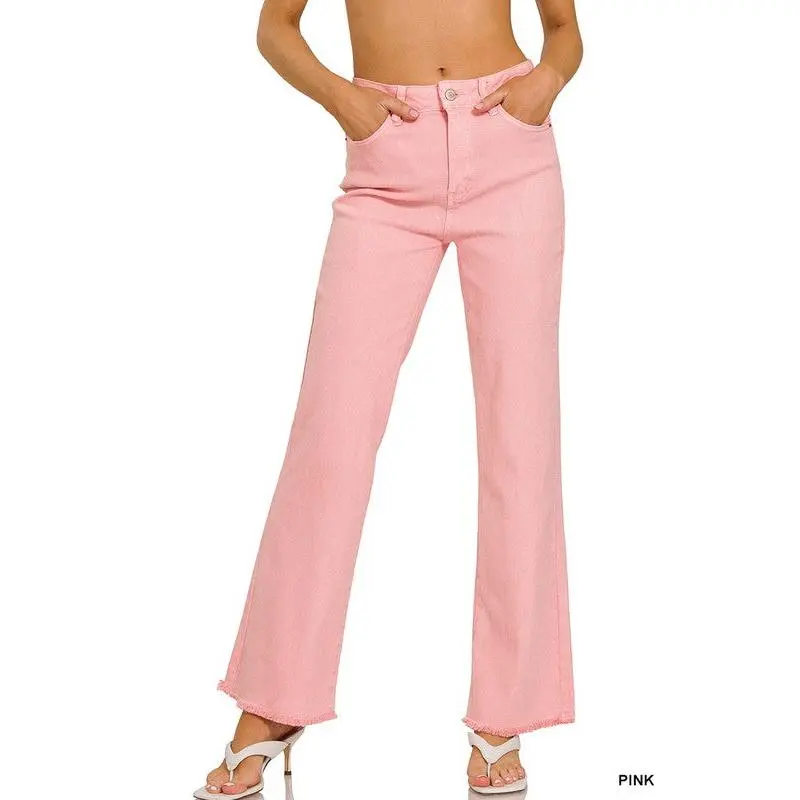 ZENANA Acid Washed Frayed Cutoff Hem Straight Wide Pants Casual Comfort