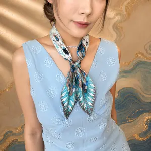 Women's 100% Mulberry Silk Small Square Scarf - 21.6in Sapphire Blue Dunhuang Lotus Caisson Art Print, Lightweight Female Accessory for Hair, Neck, Headband, Neckerchief, Bag/Purse, Summer Gift