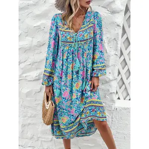 ZAFUL Women's Casual Loose Bohemian Tassel Print Long Sleeve Dress