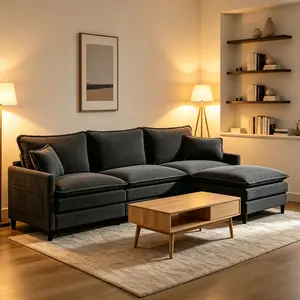 113" Chenille Modular Sectional Sofa, Convertible L Shaped Modular Sofa Comfy Cloud Couch with Ottoman, Side Pockets and 5 Throw Pillows for Living Room (Corduroy Black, 113'' - 4 Seat)-Ship In 2 Boxes