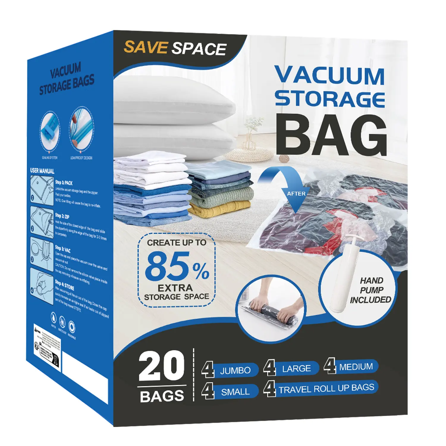 Vacuum Compression Space Saver Storage Bags with Hand Pump for Clothes Packing and Traveling, Extra Large, Clear