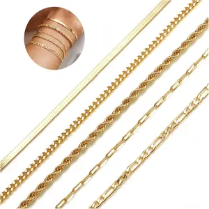 CASSIECA 5/6Pcs Gold Plated Bracelets for Women Trendy  Silver Bracelet Stack, Non Tarnish Waterproof Bracelets for Women, Paperclip Herringbone Figaro Cuban Twist Chains, Size 6.5''+2''