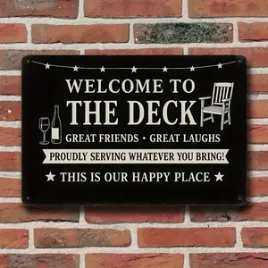 1PC Vintage Tin Wall Sign Print - "Welcome To The Deck, Great Friends And Great Laughs" - High-Quality Weatherproof Metal Decoration, 8x12 In/20x30 Cm, Ideal For Outdoors Porch, Bar, Garage Gathering