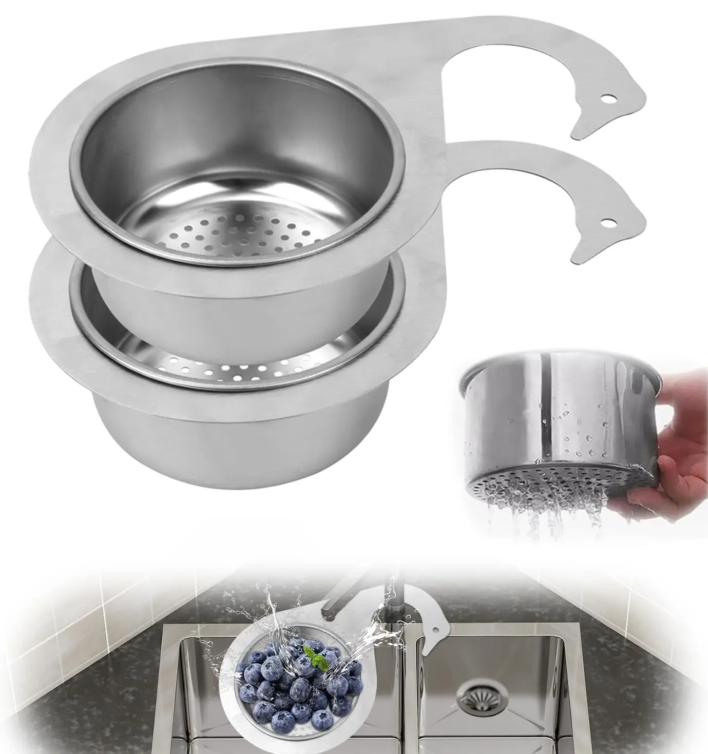 2-PACK Stainless Steel Sink Strainer Basket with Handle - Easy-Grip, Detachable Over-the-Sink Drain Filter for Kitchen Corner, Efficient Water Filtering & Food Waste Disposal, Kitchen Sink Accessorie