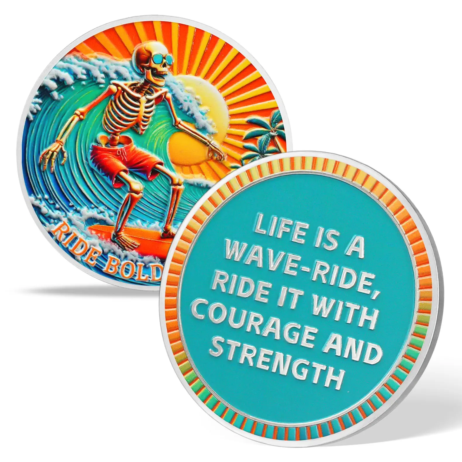 Memento Mori Surfing Skeleton Coin - Colorful Stoic Challenge Coin, Amor Fati EDC Token, Bold Daily Inspiration, Stoicism Gift for Surfers, Unique Gifts for Man