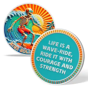 Memento Mori Surfing Skeleton Coin - Colorful Stoic Challenge Coin, Amor Fati EDC Token, Ride Bold Daily Inspiration, Unique Stoicism Gift for Surfers Men Women