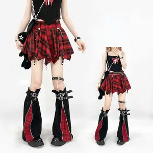 Rock Academy Style Trendy Plaid Leg Warmers Subculture Punk Gothic Edgy Red Checkered Zipper Adjustable Tie-Up Design Fashion Statement Sleeves
