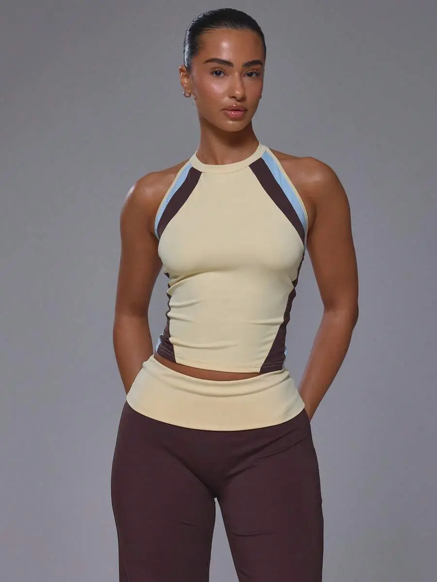 Top Only Musera Sport Contrast Colour Front Panels Scoop Neck Racer Back Fitted Active Tank Top Coord Sport Workout Gym Cute Pilates Fitness Daily Butter Yellow