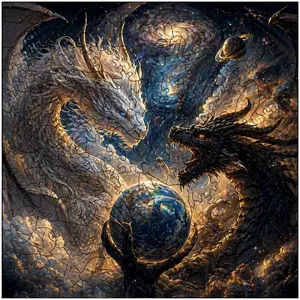 Square Wooden Puzzle, Interlocking Puzzle, and Dual Dragon Earth Art Puzzle, Dark Mythical Style, Ideal Gift for Boys, Box Packaging