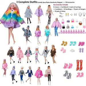 41pcs Character Girl Doll Dress-Up Set, Complete Doll Wardrobe Set, Stylish Doll Clothes, Dolls Clothes Accessories, Doll Clothing Set, Doll Outfit, 3 + 8 Jewelry + 10 Bags + 10 Shoes + 10 Hangers