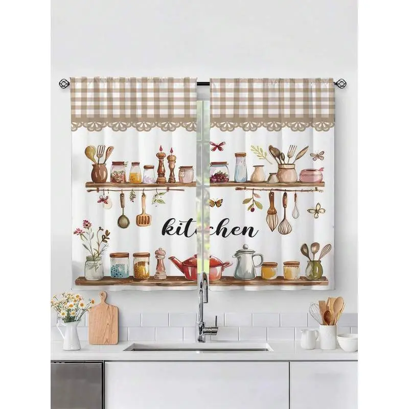2pcs Vintage Country Style Kitchen Curtains, No Hole Curtains, Short Curtains, Suitable For Bedroom, Office, Kitchen, Living Room, Study And Other Home Decor
