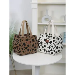 Large Capacity Cow Print Corduroy Handbag, Zippered Semi-sealed Carrying Bag, Fashionable and Simple Style Work Bag, Durable Lunch Bag, Thick Storage Bag for Daily Use