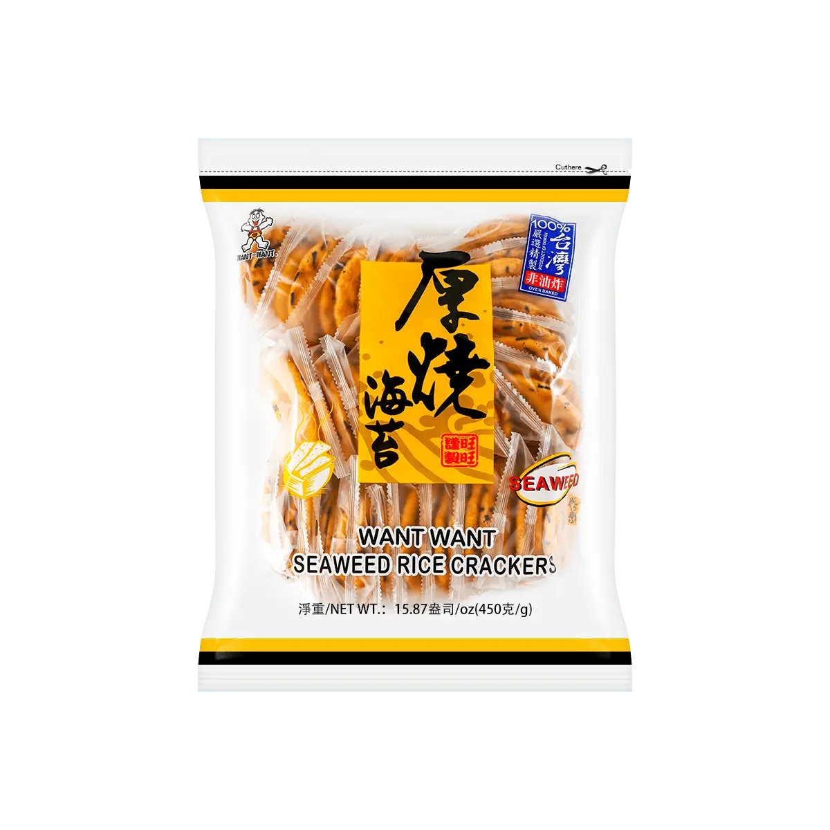 Want Want Taiwan Thick Roasted Seaweed Rice Crackers 450g - Crispy Savory Snack for All Ages