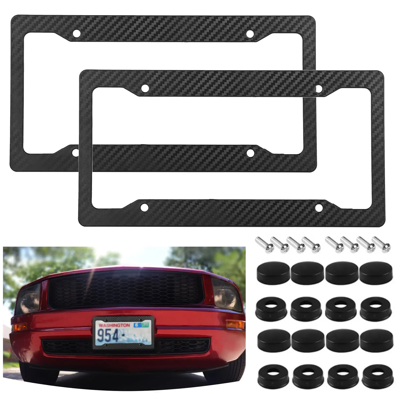2-Pack Carbon Fiber License Plate Frame Set: Slim Black Front & Rear Tag Holder for Cars