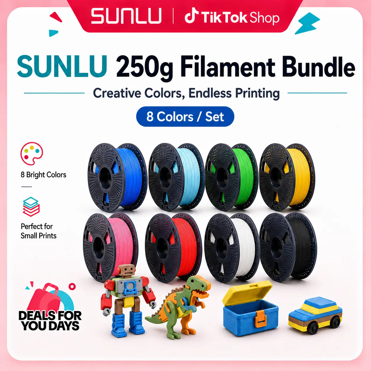 SUNLU 3D Printer Filament Bundle (8 Spools, 250g Each, 1.75mm, Total 2kg) - Multicolor, Neatly Wound, Vacuum Packed, Environmentally Friendly, High Compatibility with AMS, Ideal Mother's Day Gift for 3D Printing Enthusiasts