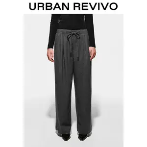 URBAN REVIVO Women's Basic Casual Wide Leg Pants - Soft Breathable Fabric, Comfortable Adjustable Drawstring Waist, Loose Fitting, Pull-On Style UWH650103