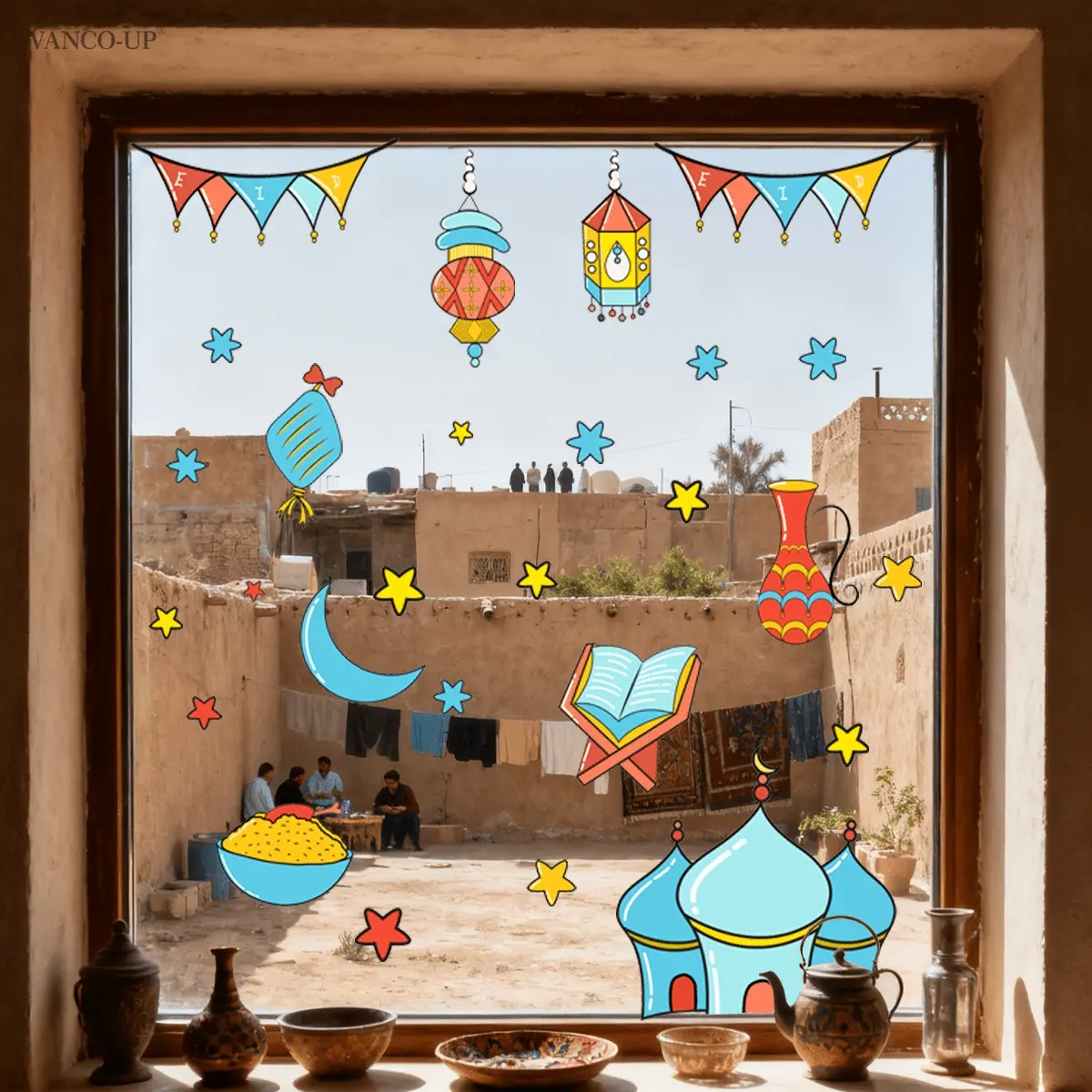 A new 2D flat Ramadan hand-painted lantern with star, moon patterns, castle and colored flag design, suitable for festive home window stickers, glass stickers, showcase, home and living room decoration. Size: 30*90cm, Code: C20135-NC