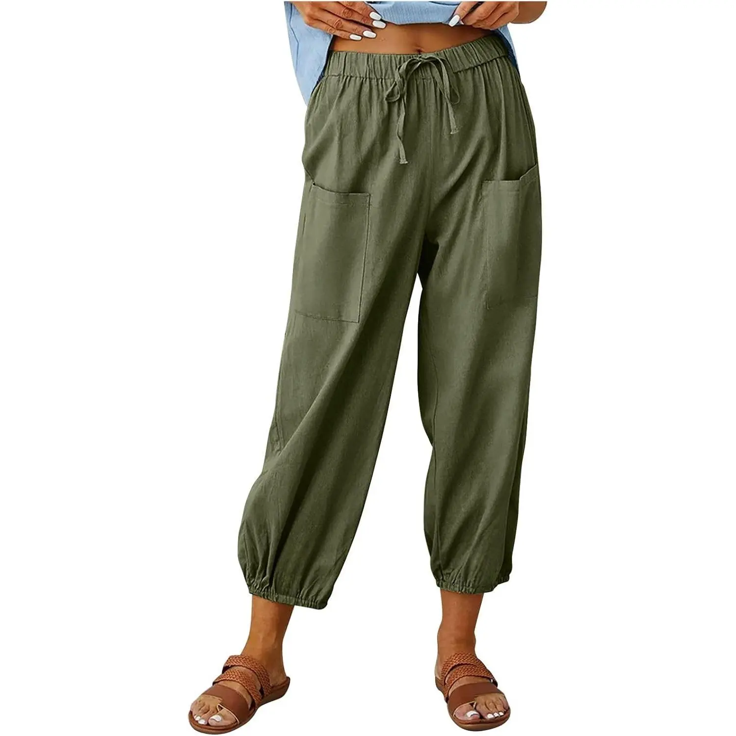 Larmliss Women's Capri Pants Linen High Waist Drawstring Cinch Loose Casual Trouser with Pockets Bottom with Button