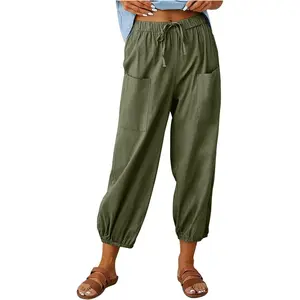 Larmliss Women's Capri Pants Linen High Waist Drawstring Cinch Loose Casual Trouser with Pockets Bottom with Button
