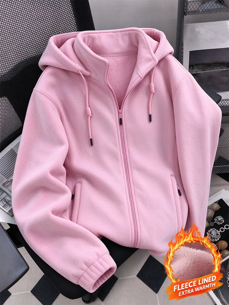 Women's Basic Fleece-Lined Hooded Long Sleeve Jacket - Full Zip Lady Tops for Women, Drawstring Hood, Side Zip Pockets, Ribbed Cuffs, Casual Winter Outdoor Outerwear