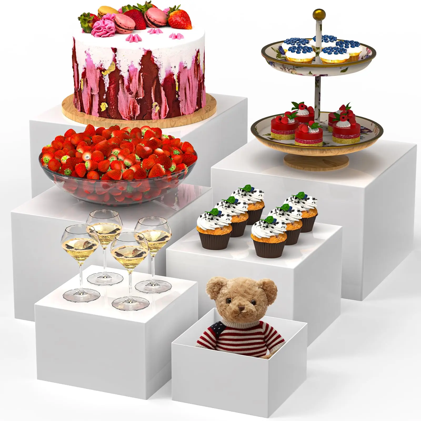6 PCS Buffet Risers, Large Food Risers for Buffet Table, Display Stand Shelf for Party, Catering, Jewelry & Collectibles, White Plastic Nesting Boxes for Food Display