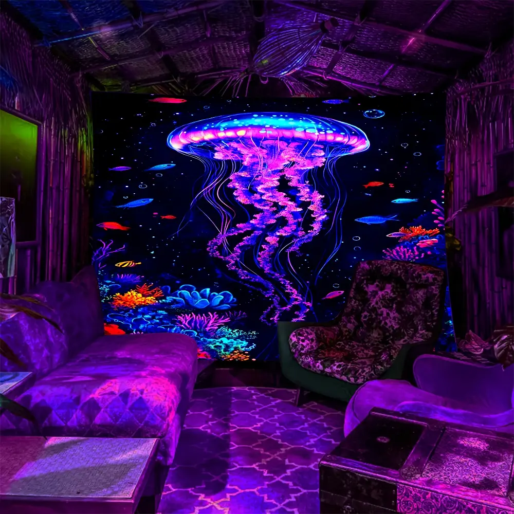 Neon Jellyfish Underwater Galaxy UV Glow Tapestry Wall Mural - Blacklight Boho Psychedelic Dorm Decor Gift For Her Ocean Lover Tapestry Wall Hanging